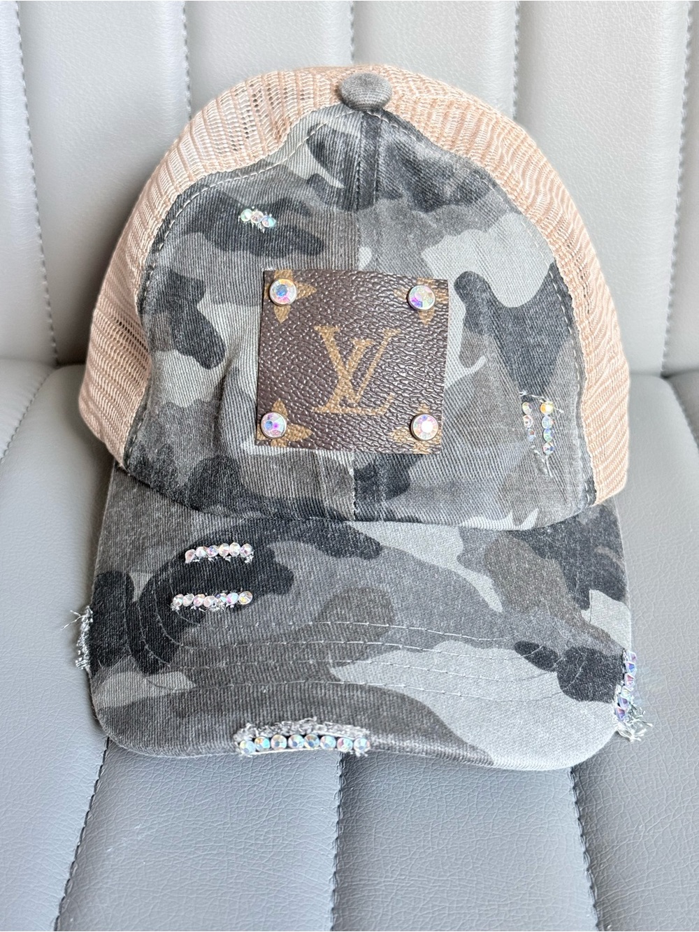 Upcycled Camo Louis Vuitton Trucker Hat Cap Distressed Rhinestone Cowgirl - Picture 7 of 7